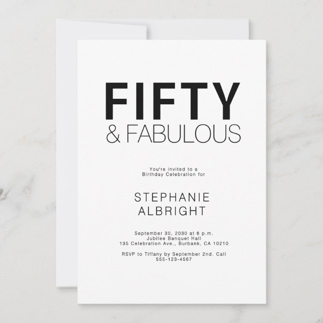 Minimal Fifty and Fabulous 50th Birthday Party Invitation (Front)