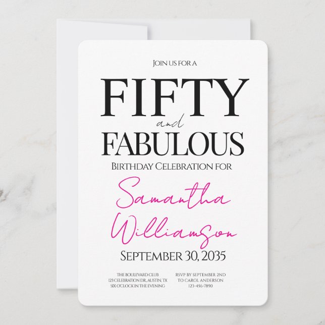 Minimal Fifty and Fabulous 50th Birthday Party Invitation (Front)