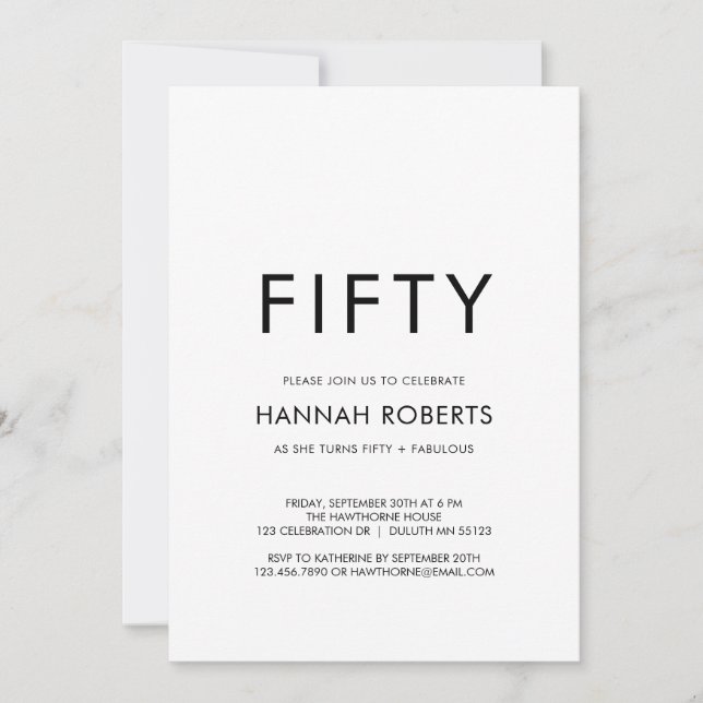 Minimal Fifty and Fabulous 50th Birthday Party Invitation (Front)