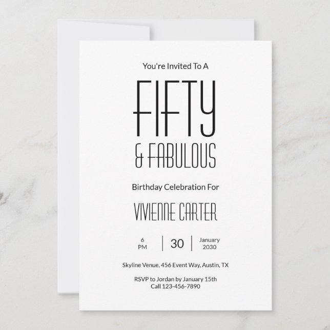 Minimal Fifty and Fabulous 50th Birthday Party Invitation (Front)