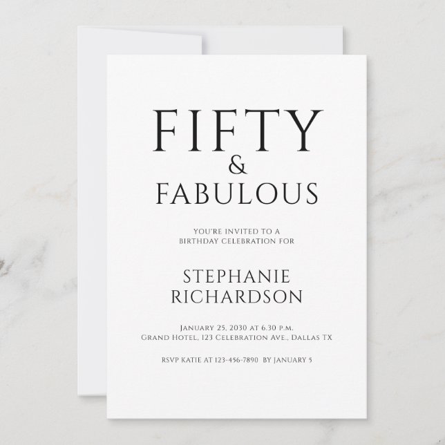Minimal Fifty and Fabulous 50th Birthday Party  Invitation (Front)