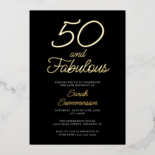 Minimal Fifty Fabulous Black 50th Birthday Party (Front)