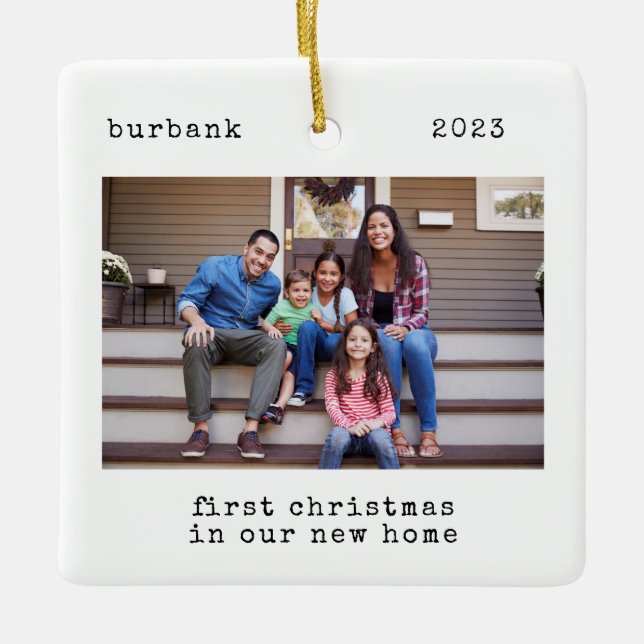 Minimal First Christmas In Our New Home 2 Photo Ceramic Ornament (Front)