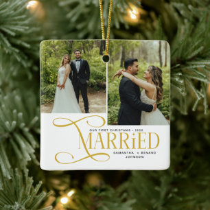 Minimal First Christmas Married Couples 2 Photos Ceramic Ornament