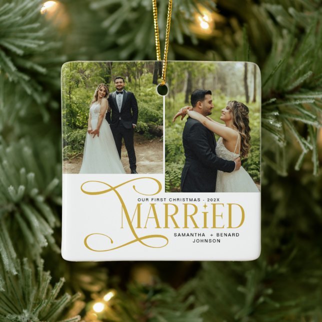 Minimal First Christmas Married Couples 2 Photos Ceramic Ornament (Tree)