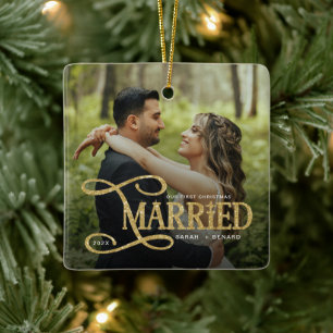 Minimal First Christmas Married Couples 2 Photos Ceramic Ornament