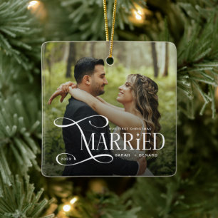 Minimal First Christmas Married Couples 2 Photos Ceramic Ornament