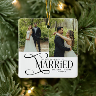 Minimal First Christmas Married Couples 2 Photos Ceramic Ornament