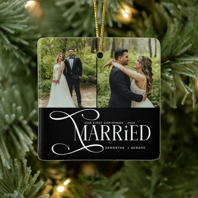 Minimal First Christmas Married Couples 2 Photos Ceramic Ornament (Tree)
