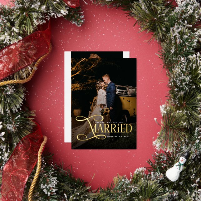 Minimal First Christmas Married Couples 2 Photos  Foil Holiday Card (Insitu)