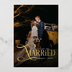 Minimal First Christmas Married Couples 2 Photos Foil Holiday Card