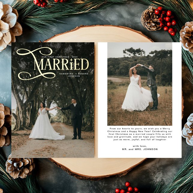 Minimal First Christmas Married Couples 2 Photos  Foil Holiday Card (Creator Uploaded)