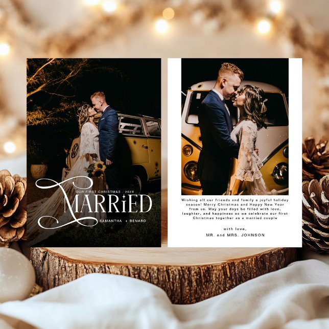 Minimal First Christmas Married Couples 2 Photos Holiday Card (Creator Uploaded)