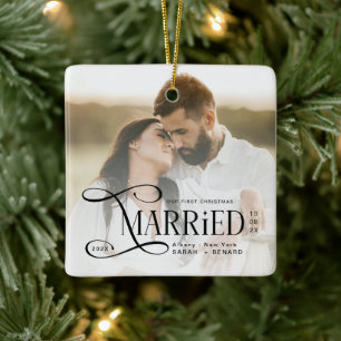 Minimal First Christmas Married Couples Photo Ceramic Ornament