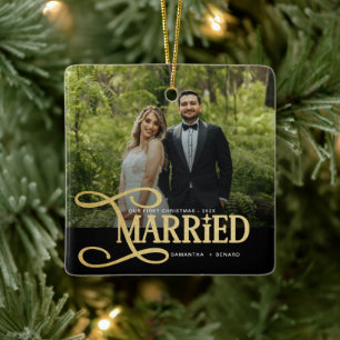 Minimal First Christmas Married Couples Photo Ceramic Ornament