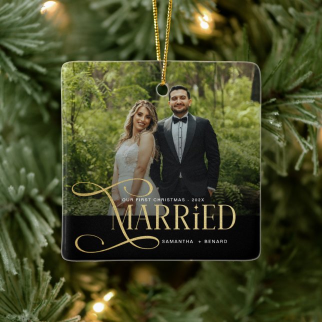 Minimal First Christmas Married Couples Photo Ceramic Ornament (Tree)