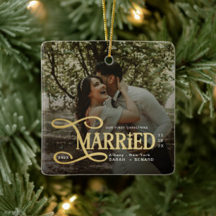 Minimal First Christmas Married Couples Photo Ceramic Ornament