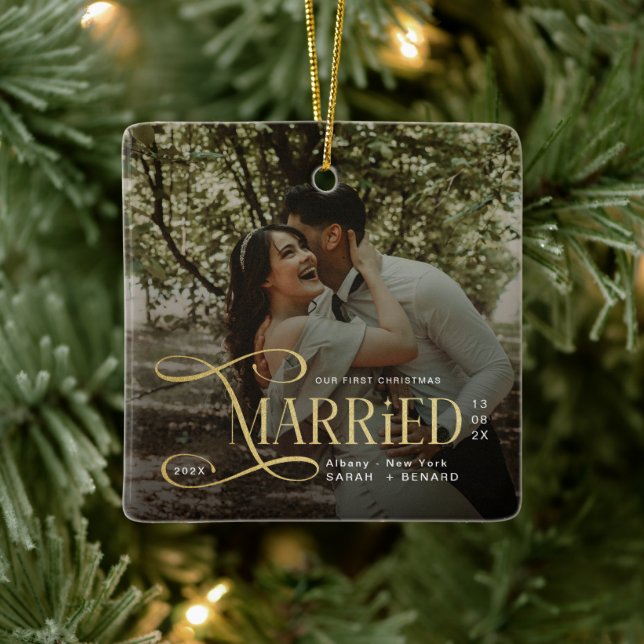 Minimal First Christmas Married Couples Photo Ceramic Ornament (Tree)