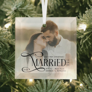 Minimal First Christmas Married Couples Photo Glass Tree Decoration