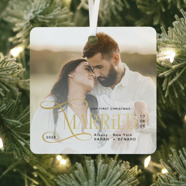 Minimal First Christmas Married Couples Photo Metal Tree Decoration (Insitu)