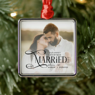Minimal First Christmas Married Couples Photo Metal Tree Decoration