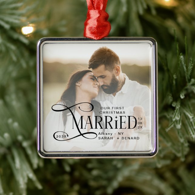Minimal First Christmas Married Couples Photo Metal Tree Decoration (Tree)