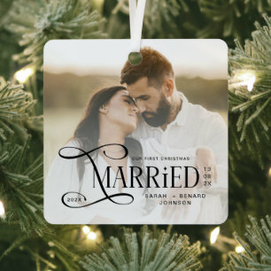 Minimal First Christmas Married Couples Photo Metal Tree Decoration