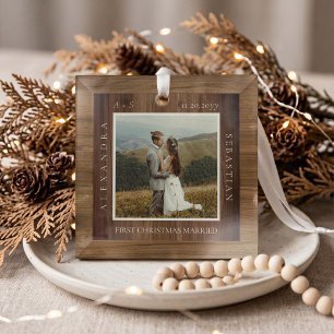 Minimal First Christmas Married Photo Woodgrain Glass Tree Decoration