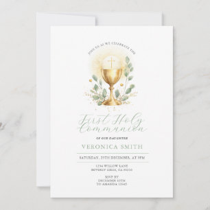 Minimal First Holy Communion Gold Chalice Cross Invitation
