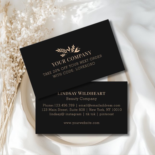 Minimal Floral Black Botanical Salon Discount Card (Custom Minimal Floral Black Botanical Salon Discount Card)