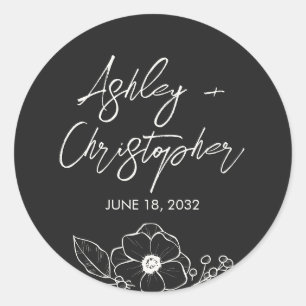 Minimal Floral Botanical Black Noir Wedding Classic Round Sticker