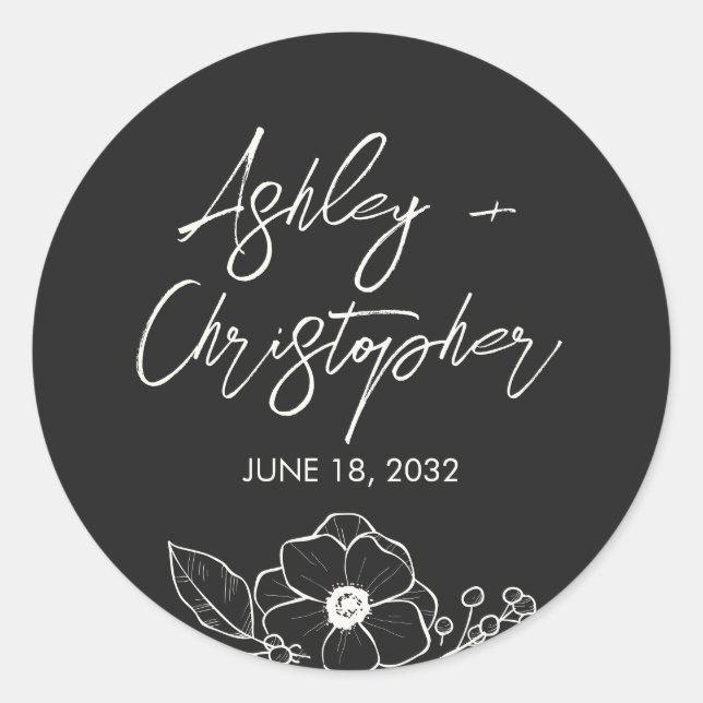Minimal Floral Botanical Black Noir Wedding Classic Round Sticker (Front)