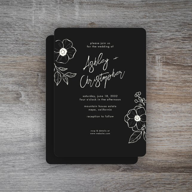 Minimal Floral Botanical Black Noir Wedding Invitation (Creator Uploaded)