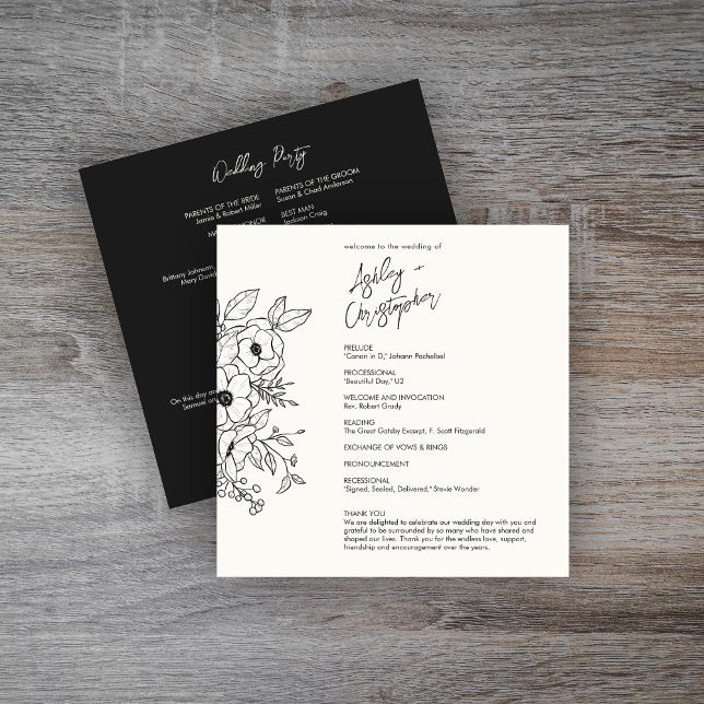 Minimal Floral Botanical Black on White Wedding Programme (Creator Uploaded)