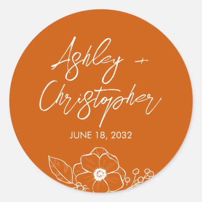 Minimal Floral Botanical Burnt Orange Wedding Classic Round Sticker (Front)