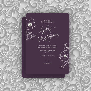 Minimal Floral Botanical Eggplant Purple Wedding Invitation