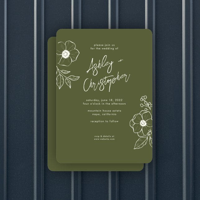Minimal Floral Botanical Moss Green Wedding Invitation (Creator Uploaded)