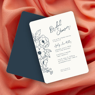 Minimal Floral Botanical Navy Blue Bridal Shower Invitation