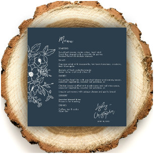 Minimal Floral Botanical Navy Blue Wedding Menu
