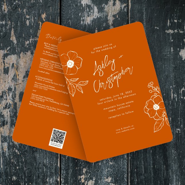 Minimal Floral Botanical Orange All-in-One Wedding Invitation (Creator Uploaded)