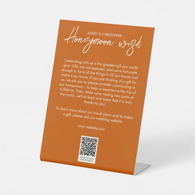 Minimal Floral Botanical Orange Honeymoon Fund Pedestal Sign (Front)