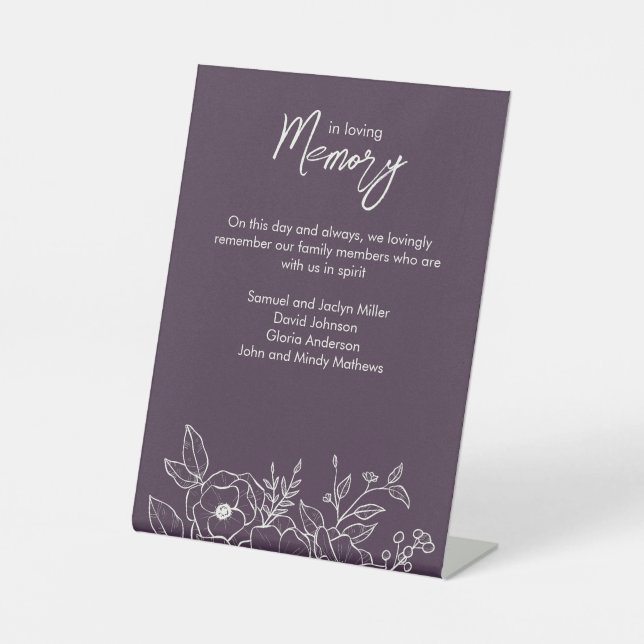 Minimal Floral Botanical Purple In Memoriam Pedestal Sign (Front)