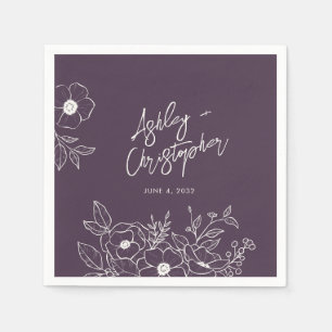 Minimal Floral Botanical Purple Wedding Cocktail Napkin