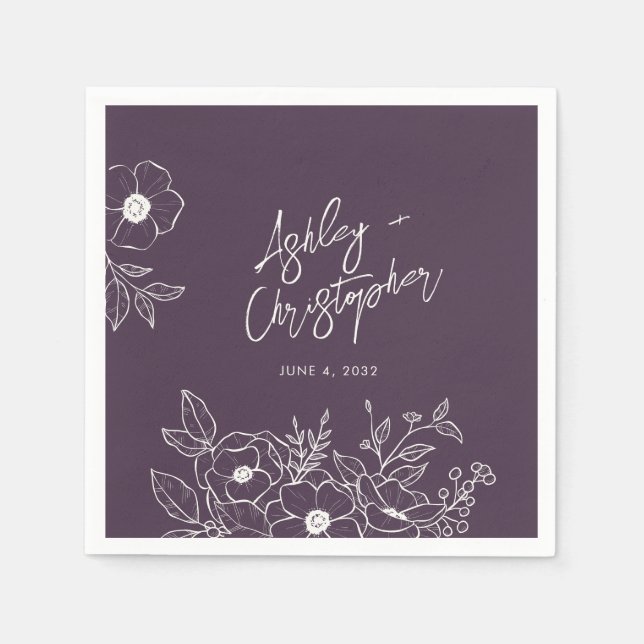 Minimal Floral Botanical Purple Wedding Cocktail Napkin (Front)
