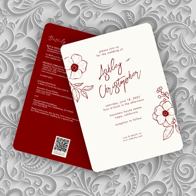 Minimal Floral Botanical Red All-in-One Wedding Invitation (Creator Uploaded)