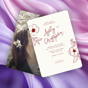 Minimal Floral Botanical Ruby Red Photo Wedding Invitation