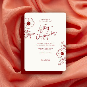 Minimal Floral Botanical Ruby Red Wedding Invitation