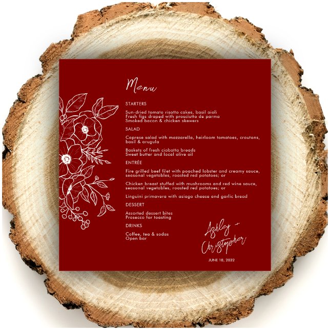 Minimal Floral Botanical Ruby Red Wedding Menu (Creator Uploaded)