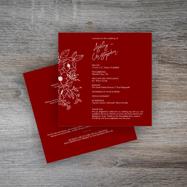 Minimal Floral Botanical Ruby Red Wedding Programme (Creator Uploaded)