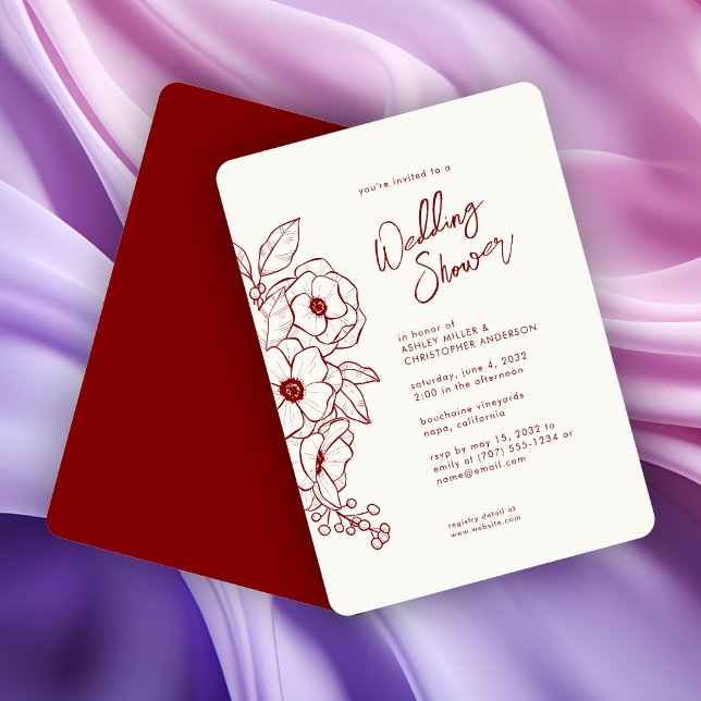 Minimal Floral Botanical Ruby Red Wedding Shower Invitation (Creator Uploaded)